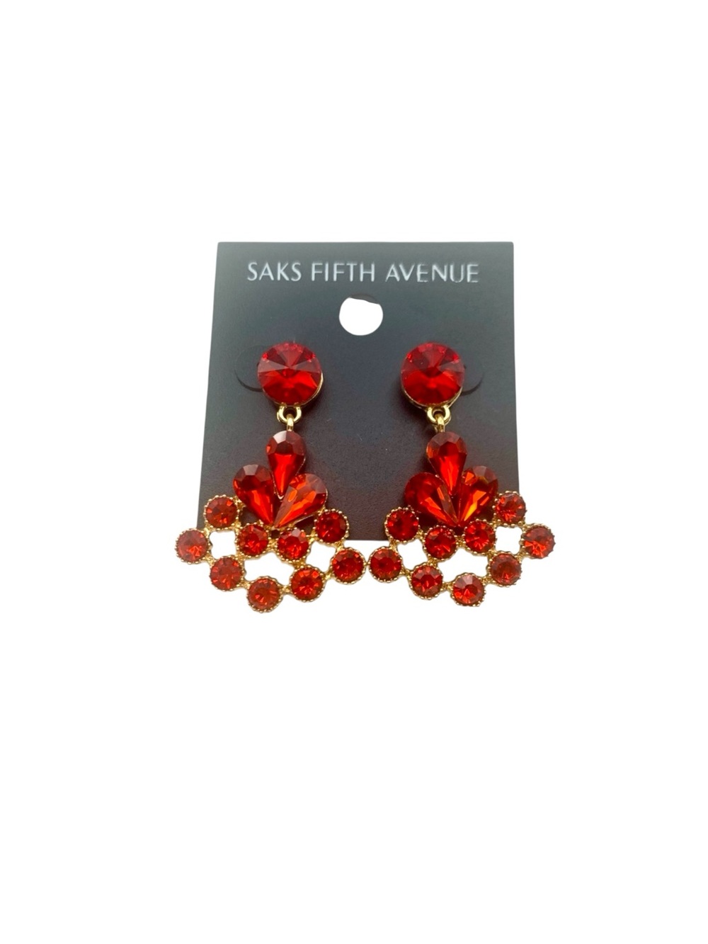 Saks Fifth Avenue Gold Plated & Red Crystal Triangle Costume Jewelry Earrings